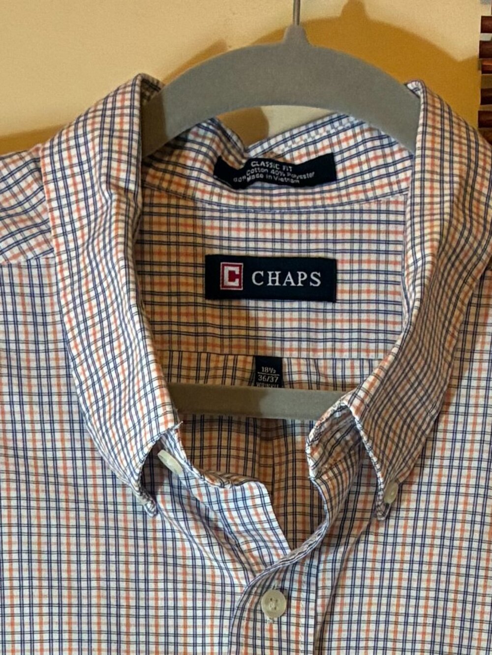 Chaps Plaid Button Down Dress Shirt 18.5 36/37 Blue Orange Classic Preppy Men